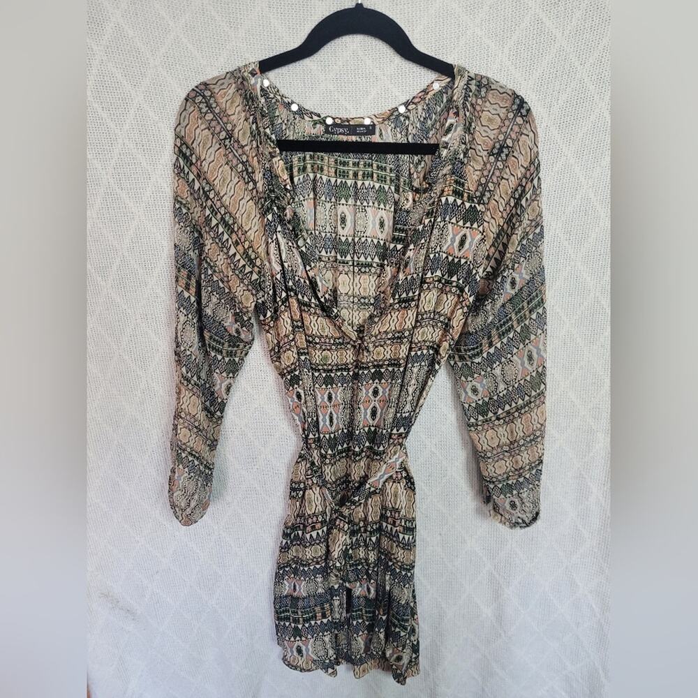 Boho Wrap Dress Mini – Green Beige Festival Summer Dress